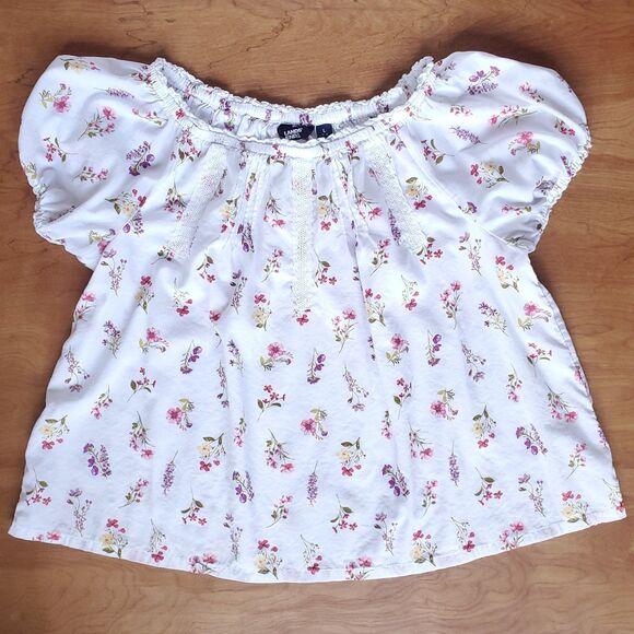 Lands End Cotton Voile Top Size L White Floral Short Puff Sleeve Cottage Prairie - Picture 2 of 8